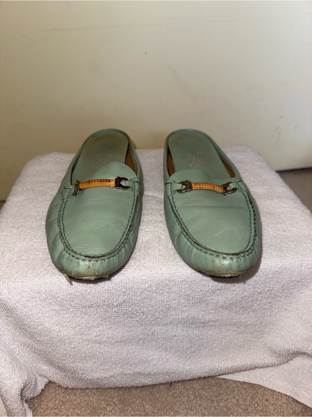 Vintage Salvatore Ferragamo Green Leather Mules